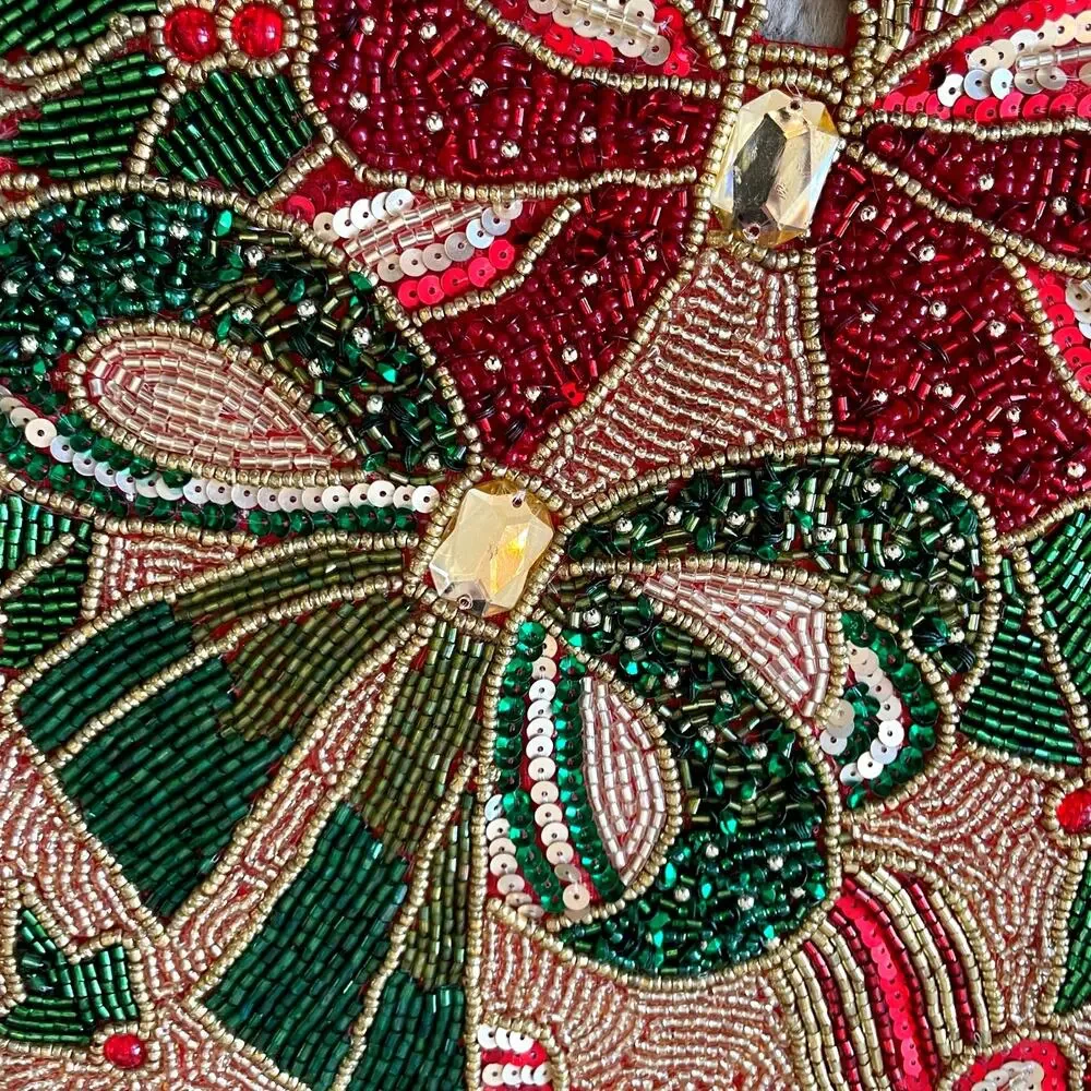 Nicole Miller Beaded Poinsettia Bow Table Runner 13x34 Pink Red Green New